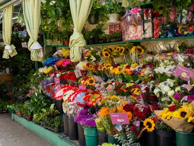 Ramos de flores frescas preparados en la floristería